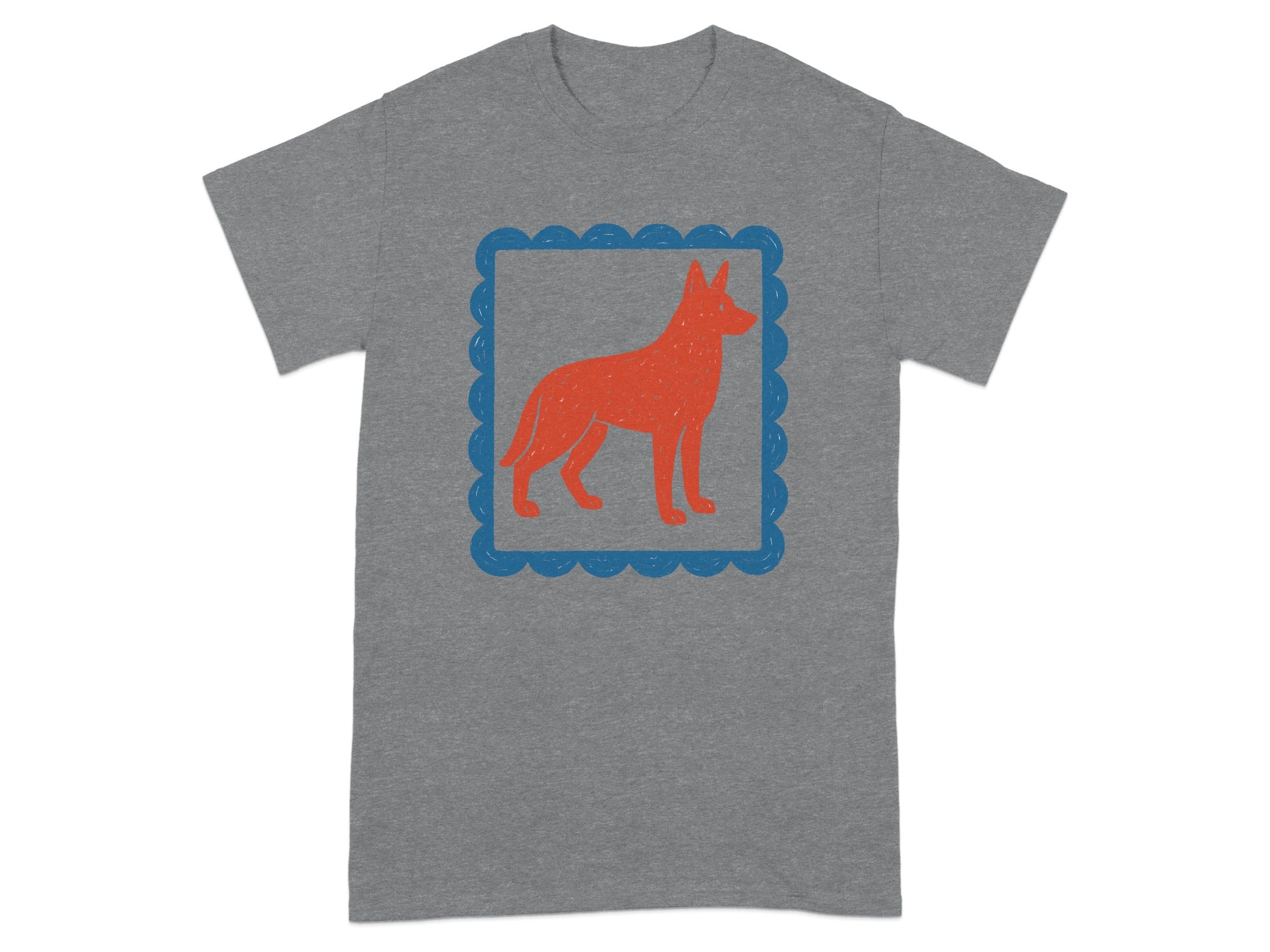 Gray T-shirt with Red Dog Inside Blue Border Design
