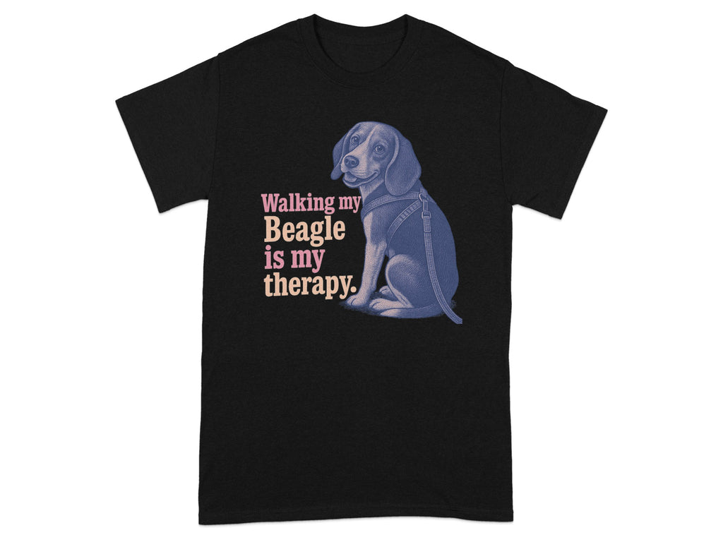 Black t-shirt with a beagle and text: "Walking my Beagle is my therapy."