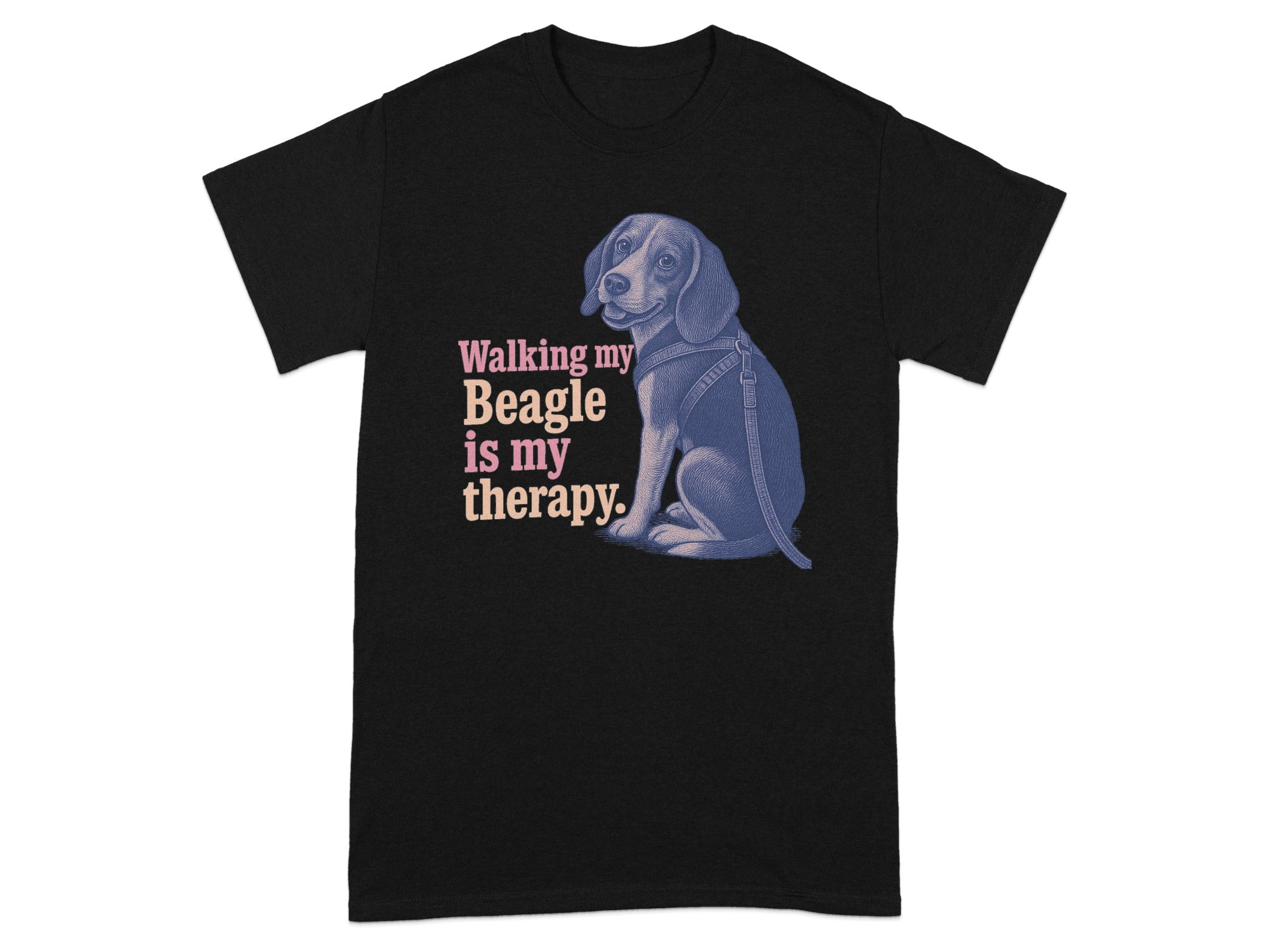 Black t-shirt with a beagle and text: "Walking my Beagle is my therapy."