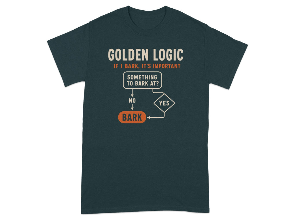 T-shirt with "Golden Logic" flowchart about barking.