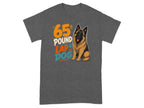 T-shirt with "65 Pound Lap Dog" text and German Shepherd illustration.