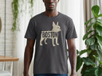 Dark gray t-shirt featuring a cream-colored French bulldog outline with the word "BOSTON" inside.