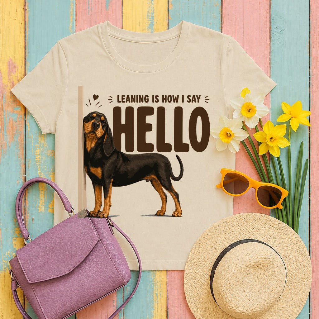 Leaning Hello Coonhound T-Shirt in Sand
