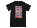 Four dachshunds in different colors stacked vertically against pink and white stripes.