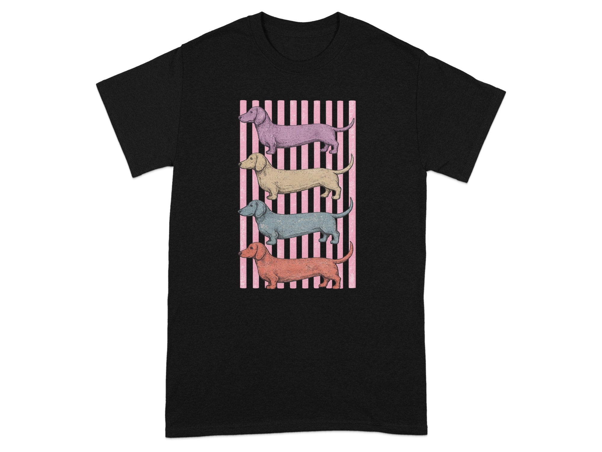 Four dachshunds in different colors stacked vertically against pink and white stripes.