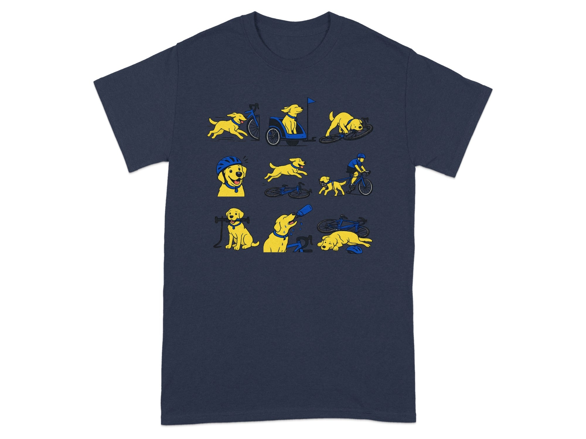 T-shirt with cartoon yellow dogs and bicycles in various cycling-related activities.