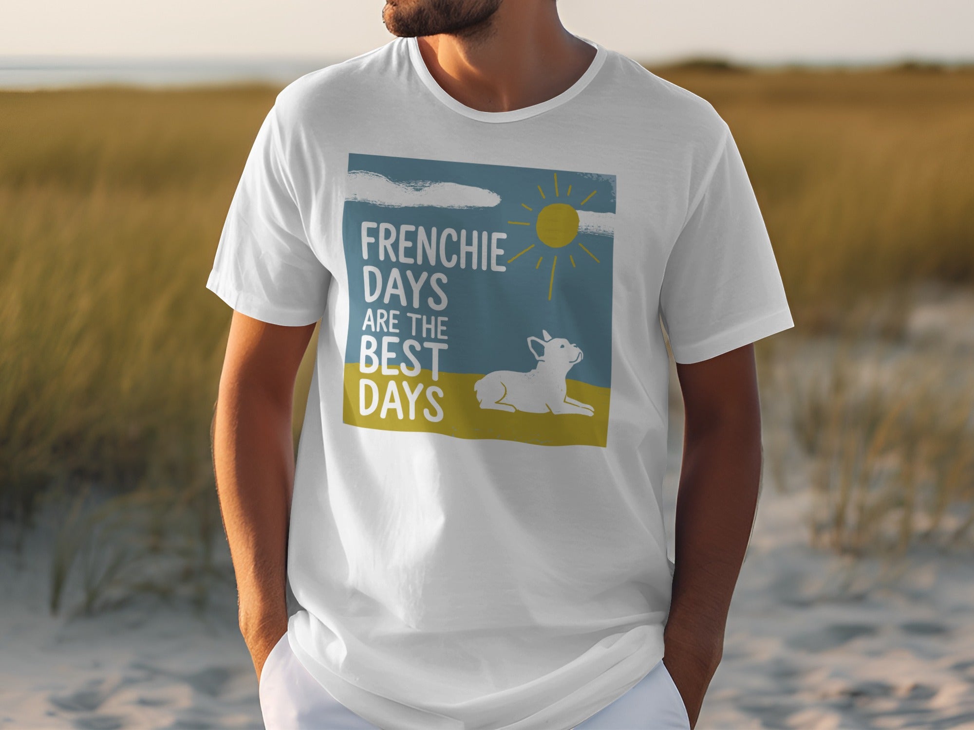 White t-shirt with text "Frenchie Days Are The Best Days" and dog illustration.