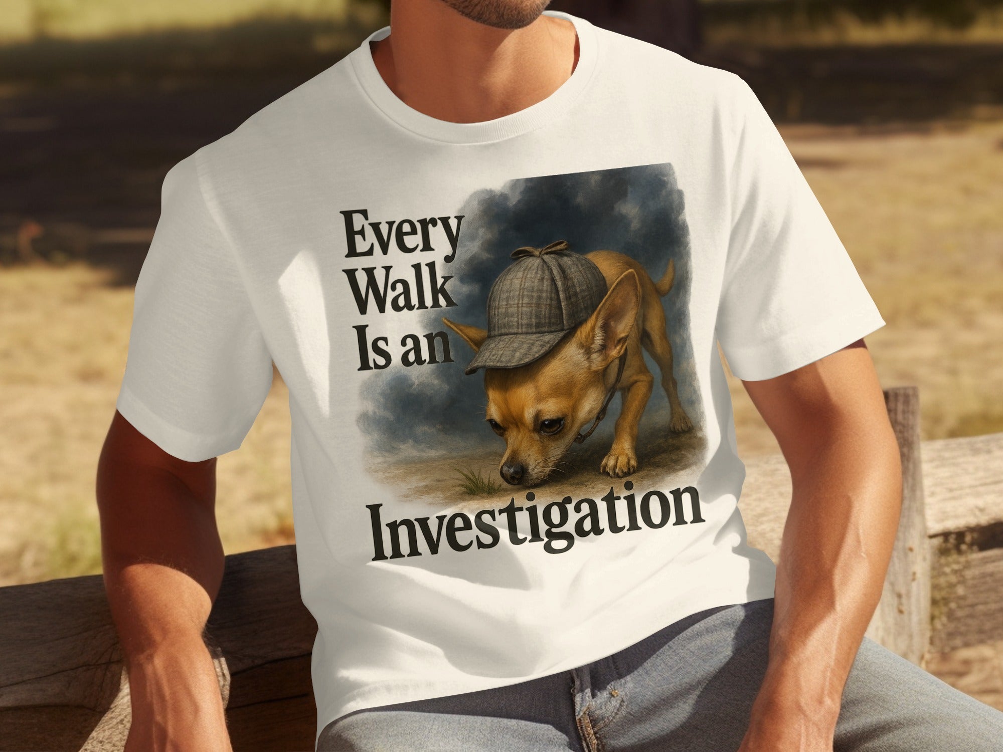 White t-shirt with a chihuahua wearing a cap and the text "Every Walk Is an Investigation".