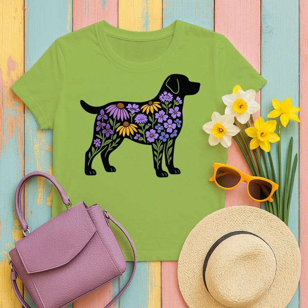 Labrador Silhouette Filled With Floral Patterns Trendy T-Shirt in Kiwi