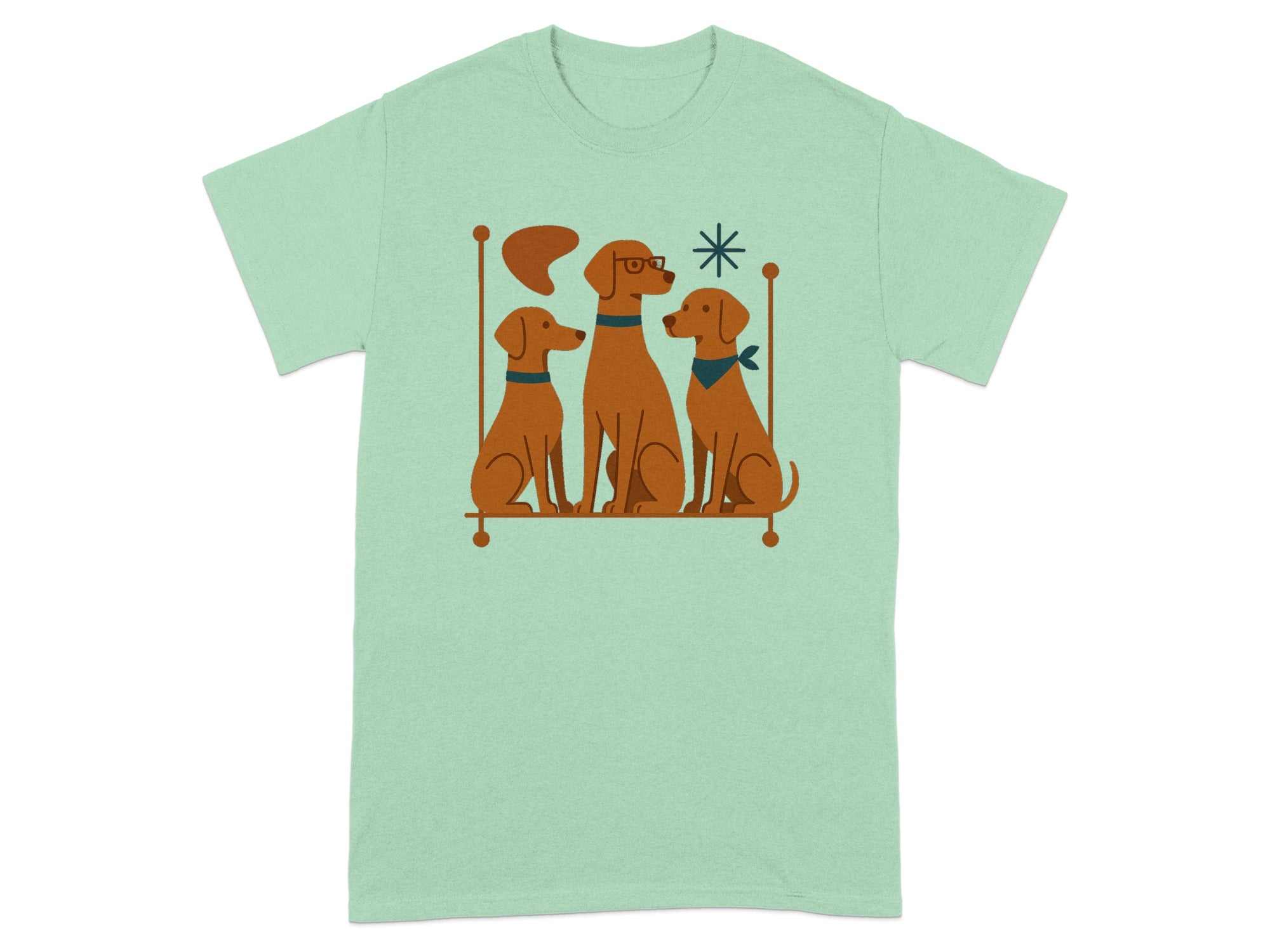 Three brown dogs sit on a shelf, one wearing glasses, another a bandana.