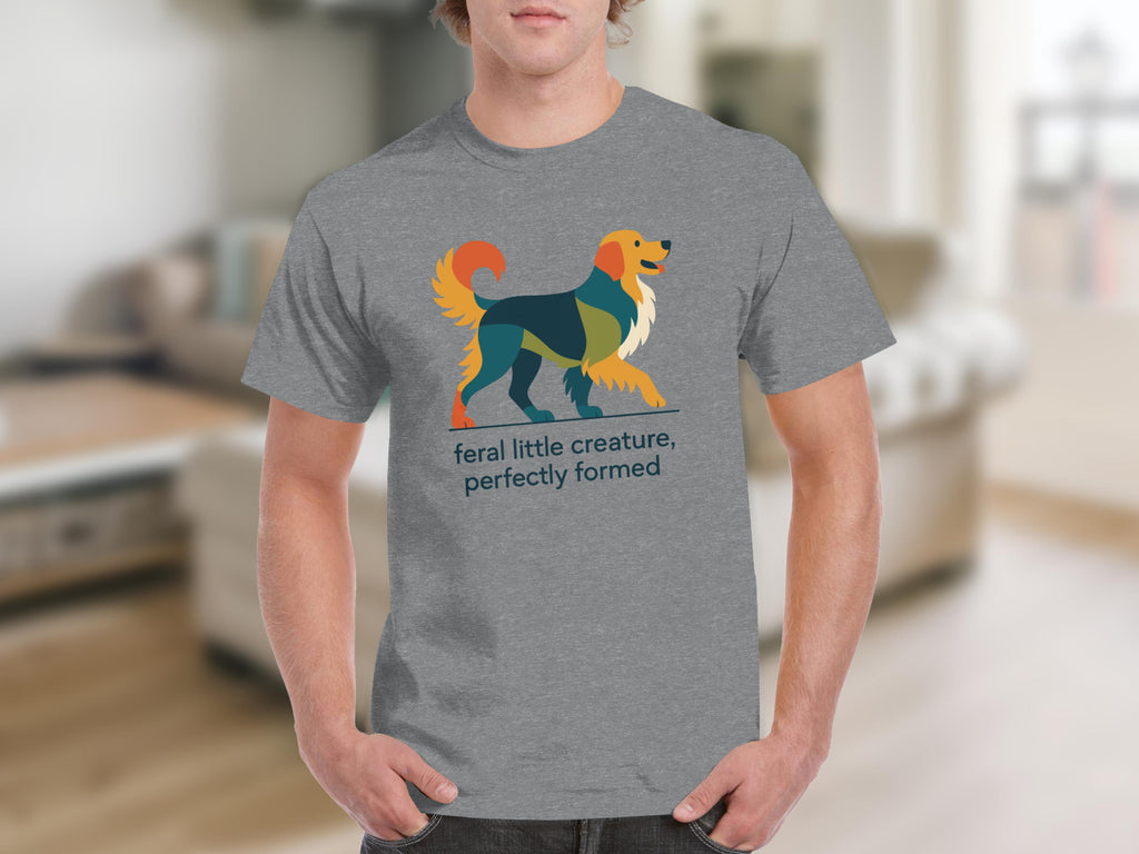 Grey t-shirt with modern abstract dog art and text "feral little creature, perfectly formed."