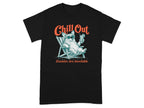 Black t-shirt with a corgi relaxing on a lounge chair, text "Chill Out" and "Zoomies Are Inevitable."