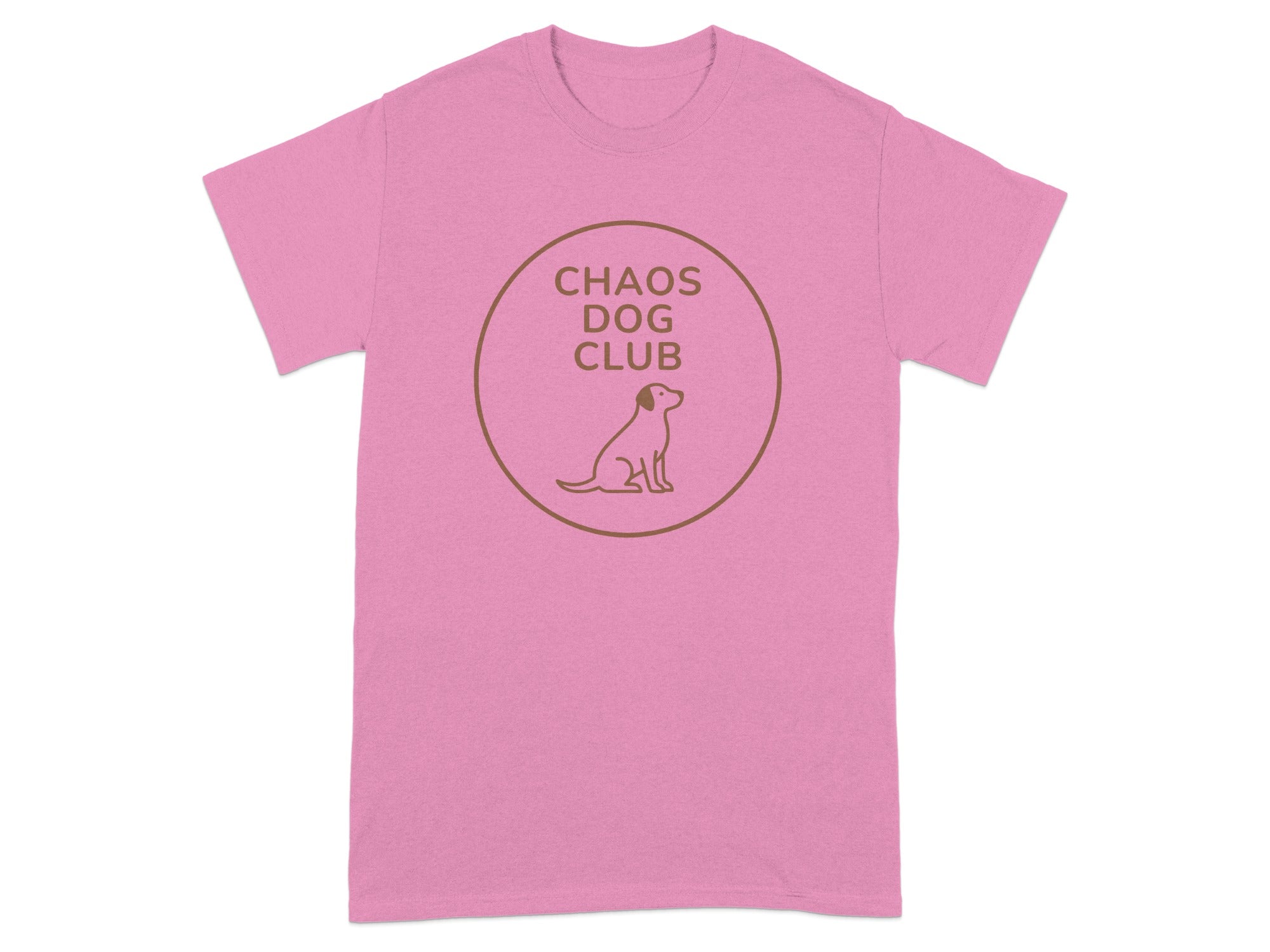 Pink t-shirt with a round brown logo of a dog sitting inside a circle, reading "CHAOS DOG CLUB".