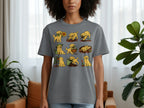 Gray t-shirt with a graphic of golden retriever puppies gardening in nine panels.