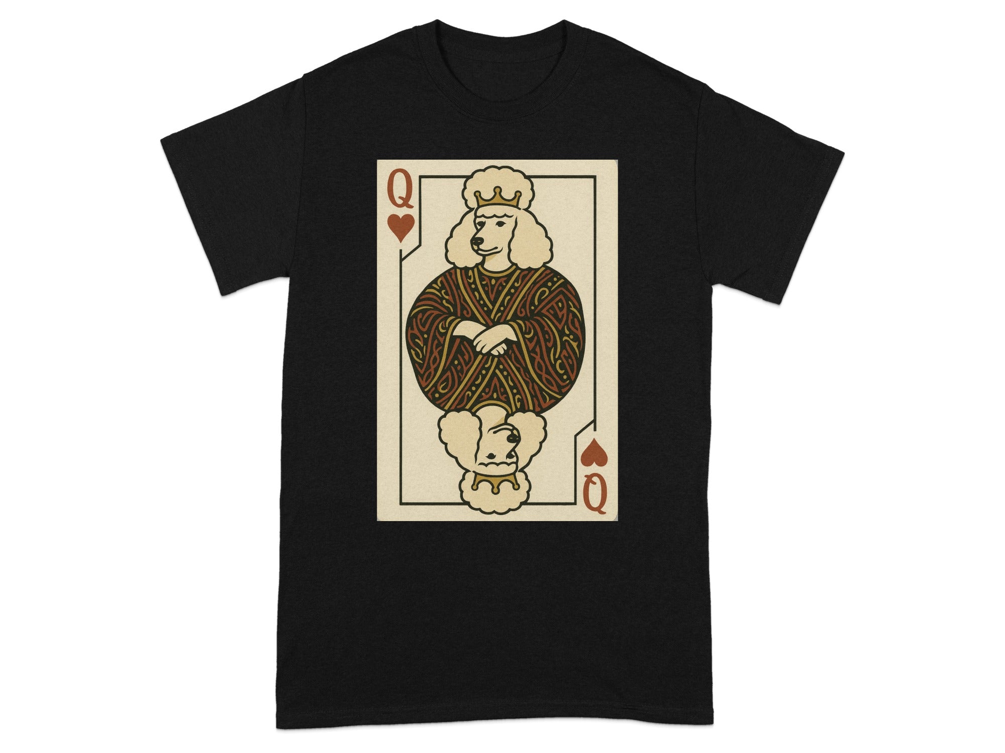 Black t-shirt with a playing card design of a poodle queen.