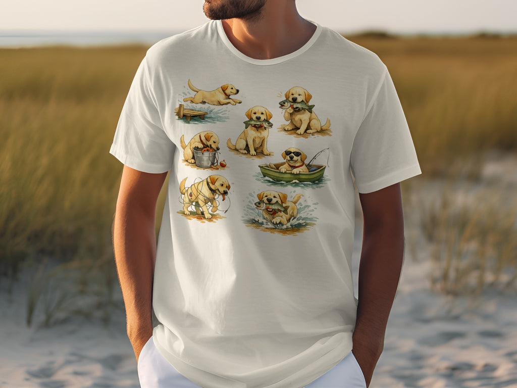 White t-shirt with watercolor illustrations of golden retriever puppies fishing and playing.