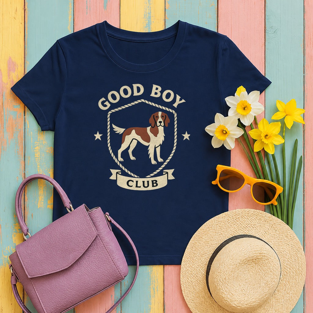 Irish Red and White Setter Good Boy Club Tee in Navy