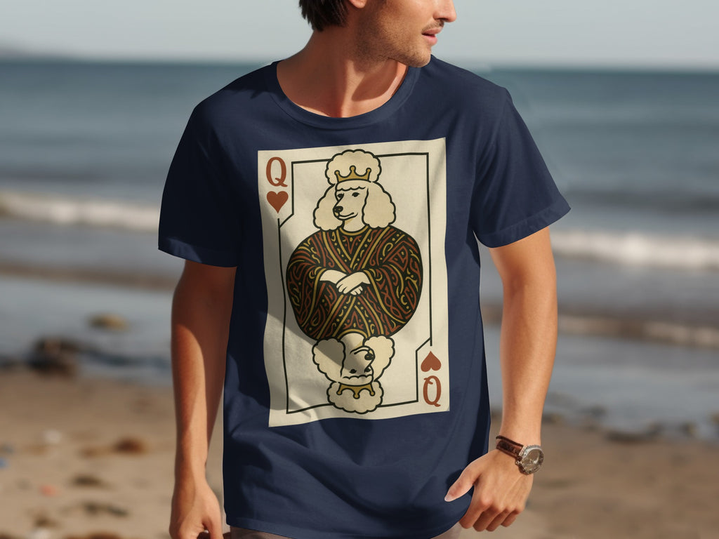Dark blue t-shirt with Queen of Hearts playing card featuring a crowned poodle.