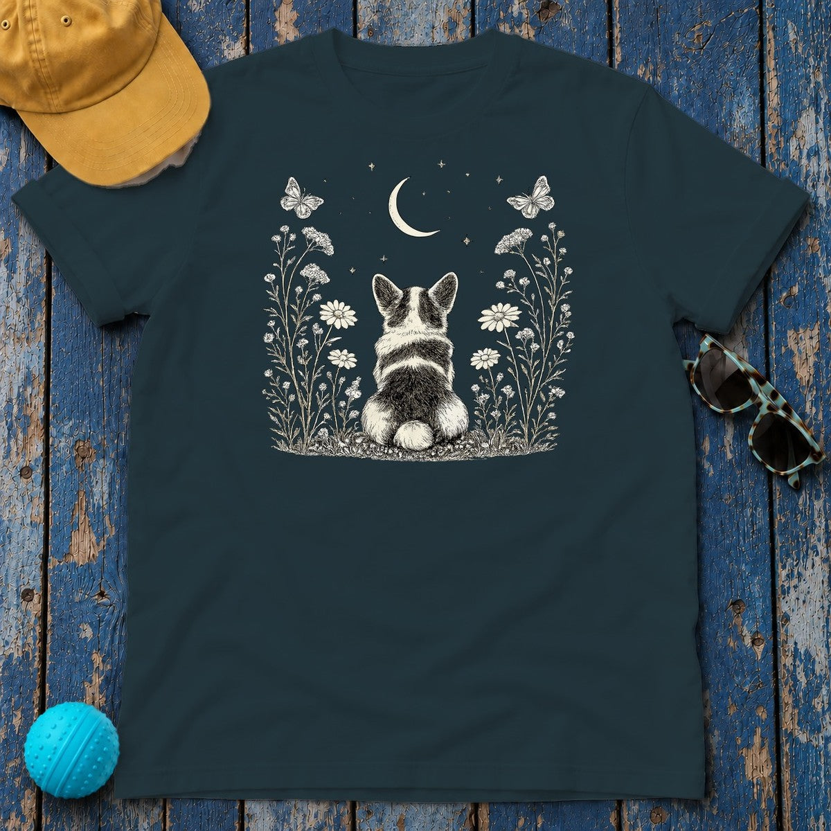 Ethereal Corgi Moon Gaze T-Shirt in Midnight