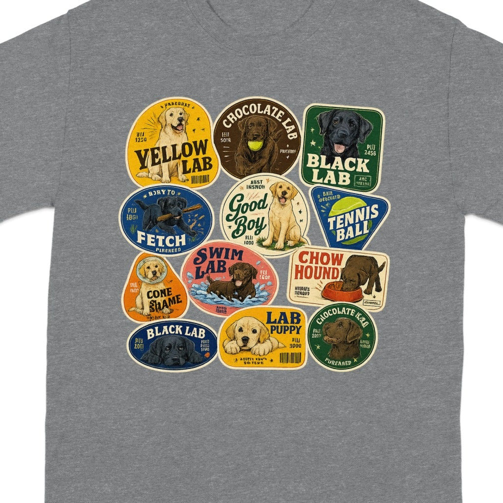 Assortment of humorous "Chocolate Lab" branded stickers on a gray t-shirt.