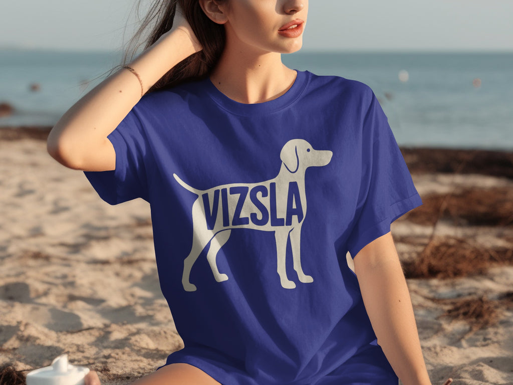 Blue t-shirt with white Vizsla dog design on chest.