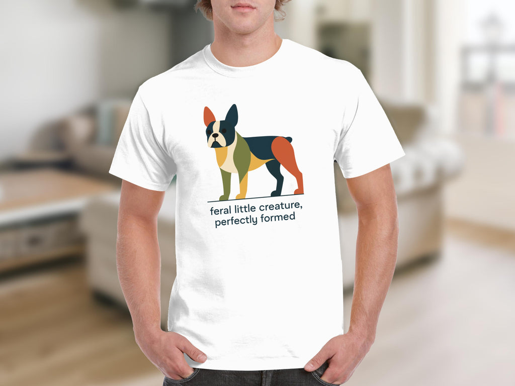 White t-shirt with abstract colorful French bulldog and text.
