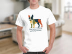 White t-shirt with abstract colorful French bulldog and text.