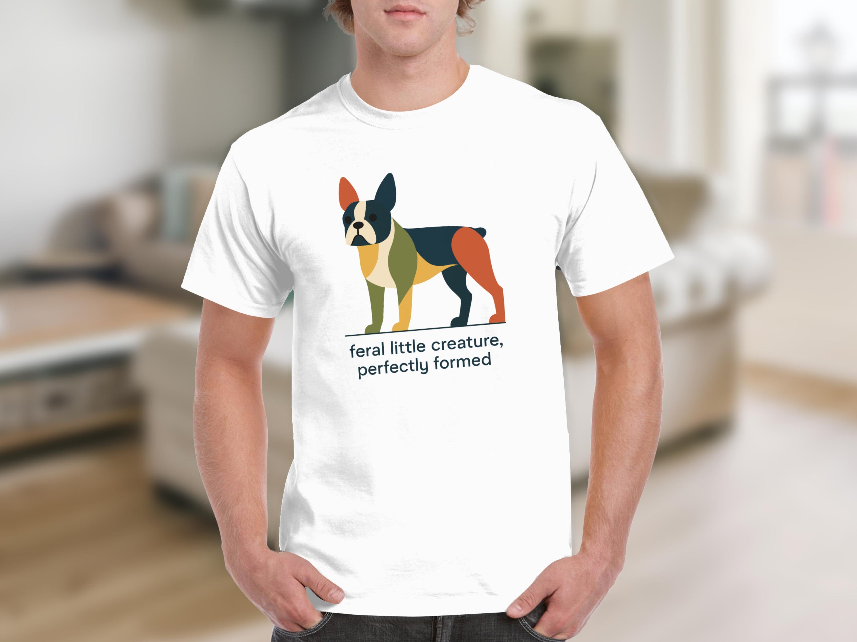 White t-shirt with abstract colorful French bulldog and text.