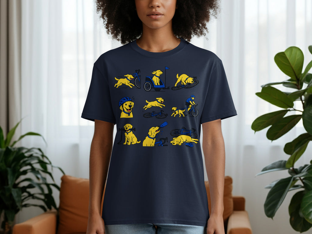 Dark blue t-shirt with a repeating illustrated pattern of yellow dogs and bicycles.