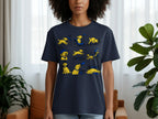Dark blue t-shirt with a repeating illustrated pattern of yellow dogs and bicycles.