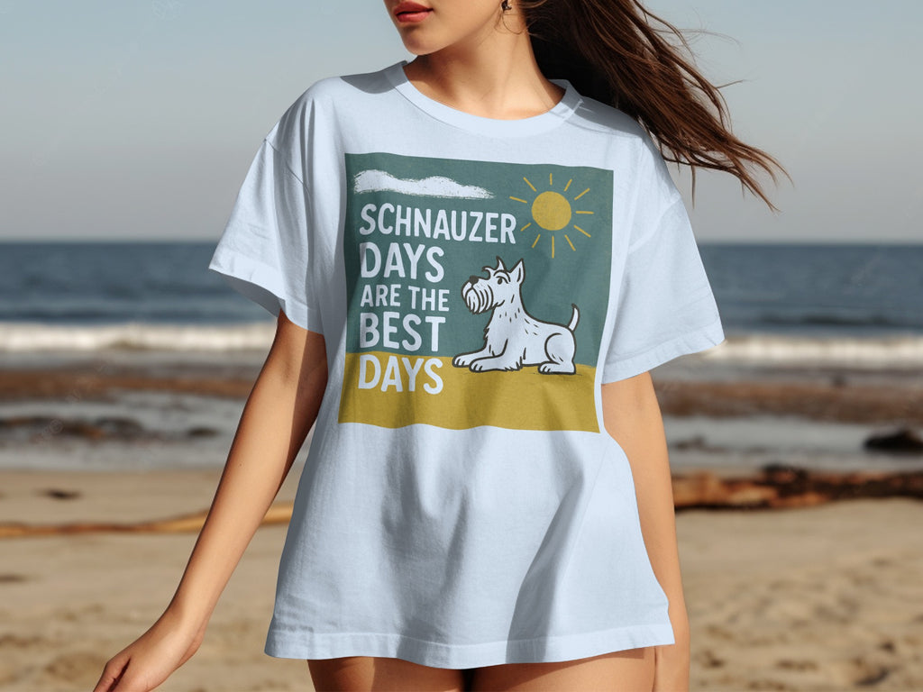 Light blue t-shirt with "SCHNAUZER DAYS ARE THE BEST DAYS" text and a white schnauzer dog illustration.