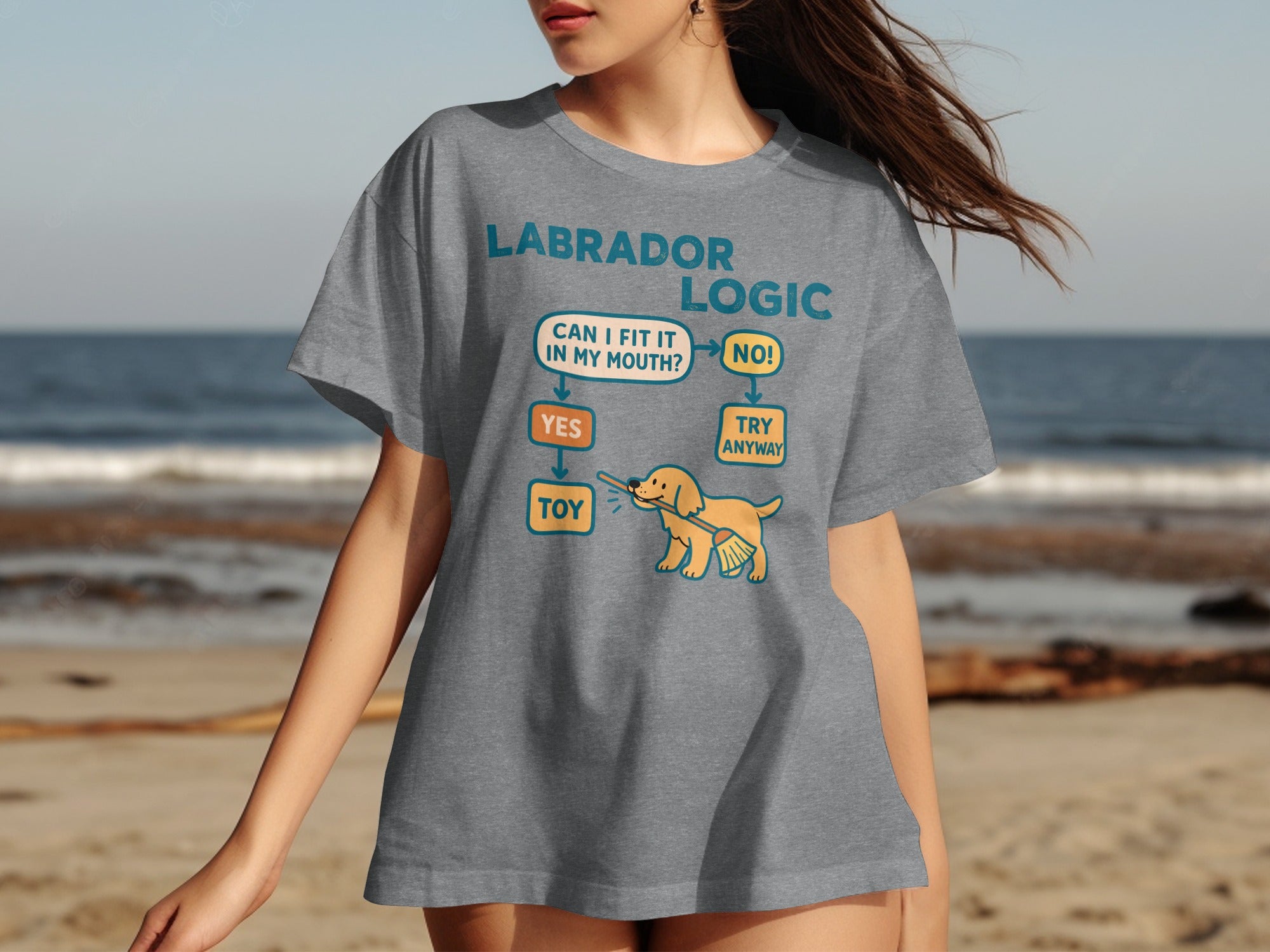 Grey t-shirt with "Labrador Logic" flowchart about fitting things in mouth.