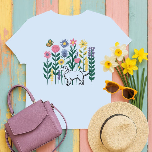 Colorful Floral Garden with Dog T-Shirt product