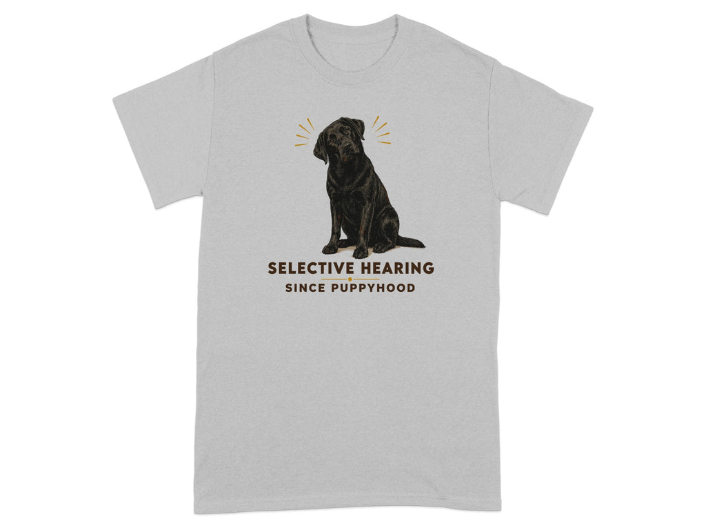 Grey t-shirt with black dog graphic and "SELECTIVE HEARING SINCE PUPPYHOOD" text.
