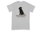Grey t-shirt with black dog graphic and "SELECTIVE HEARING SINCE PUPPYHOOD" text.