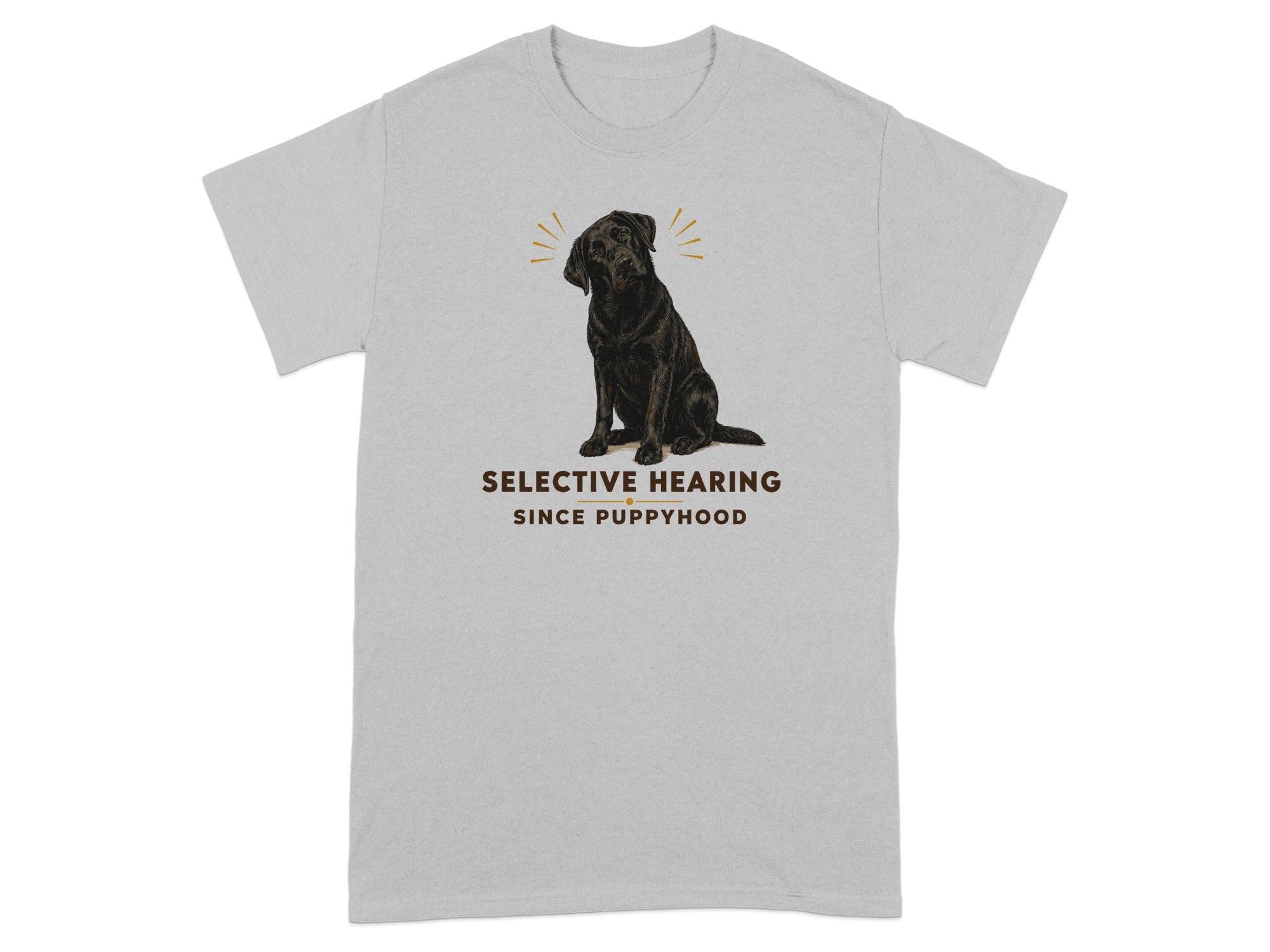 Grey t-shirt with black dog graphic and "SELECTIVE HEARING SINCE PUPPYHOOD" text.