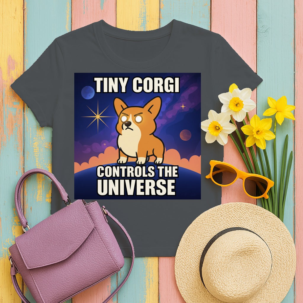 Tiny Corgi Controls the Universe Graphic Design T-Shirt in Charcoal