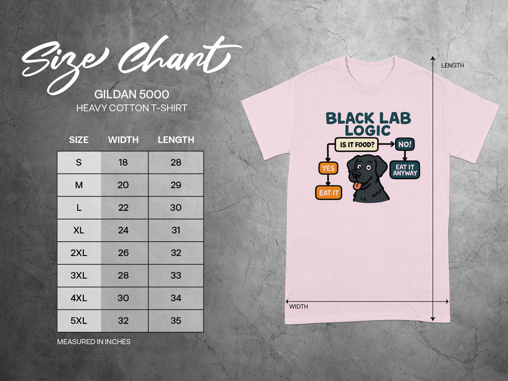 Gildan 5000 size chart with a black lab logic graphic on a pink t-shirt.