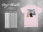 Gildan 5000 size chart with a black lab logic graphic on a pink t-shirt.