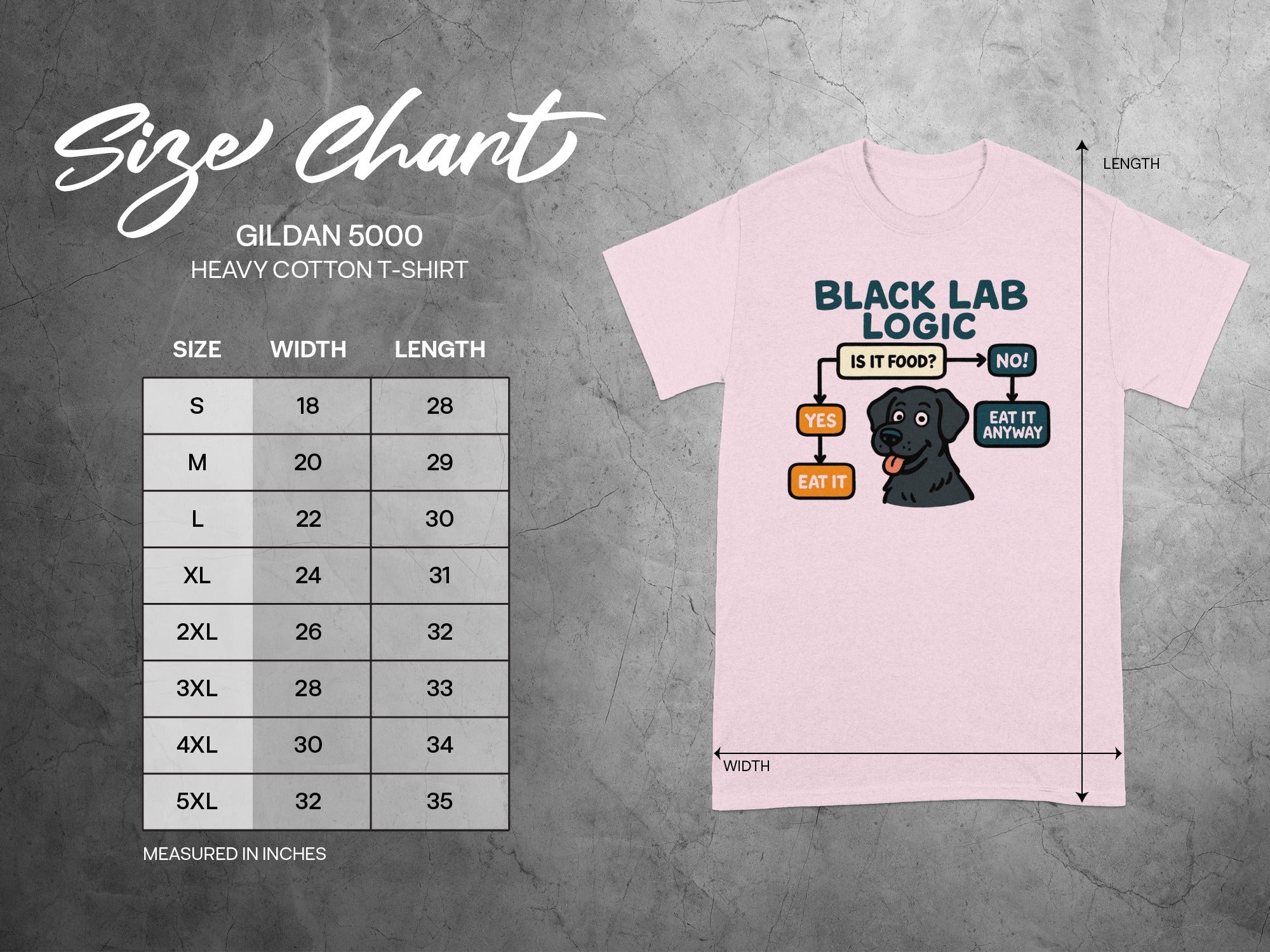 Gildan 5000 size chart with a black lab logic graphic on a pink t-shirt.