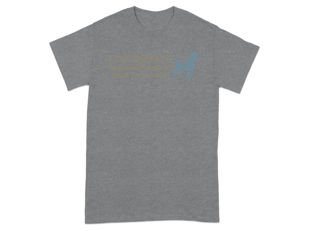 Gray t-shirt with blue dog graphic and text.