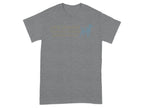 Gray t-shirt with blue dog graphic and text.