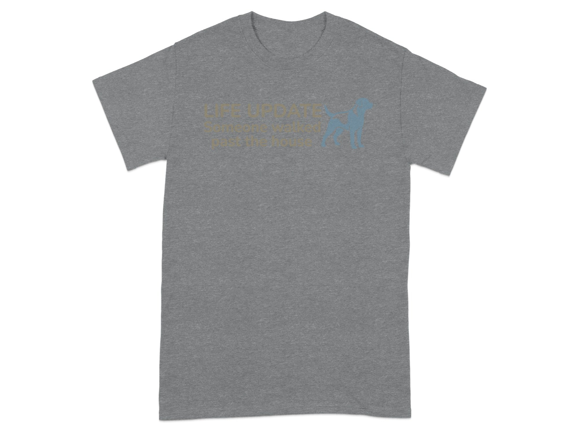 Gray t-shirt with blue dog graphic and text.