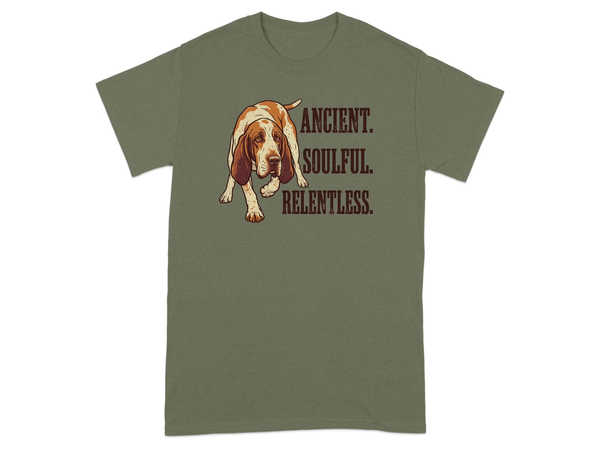 Olive t-shirt with a brown and white dog and text: "ANCIENT. SOULFUL. RELENTLESS."