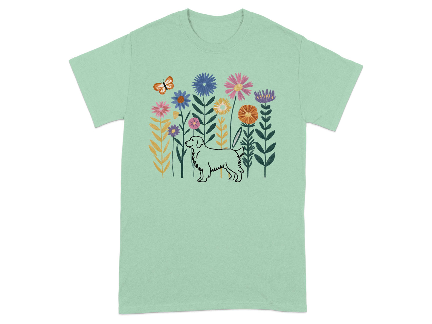 Vibrant floral dog and butterfly design t-shirt product