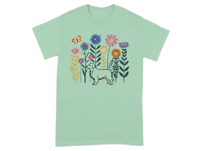 Vibrant floral dog and butterfly design t-shirt product