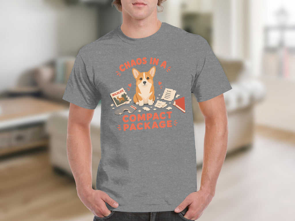 Grey t-shirt with "Chaos in a Compact Package" and corgi illustration.