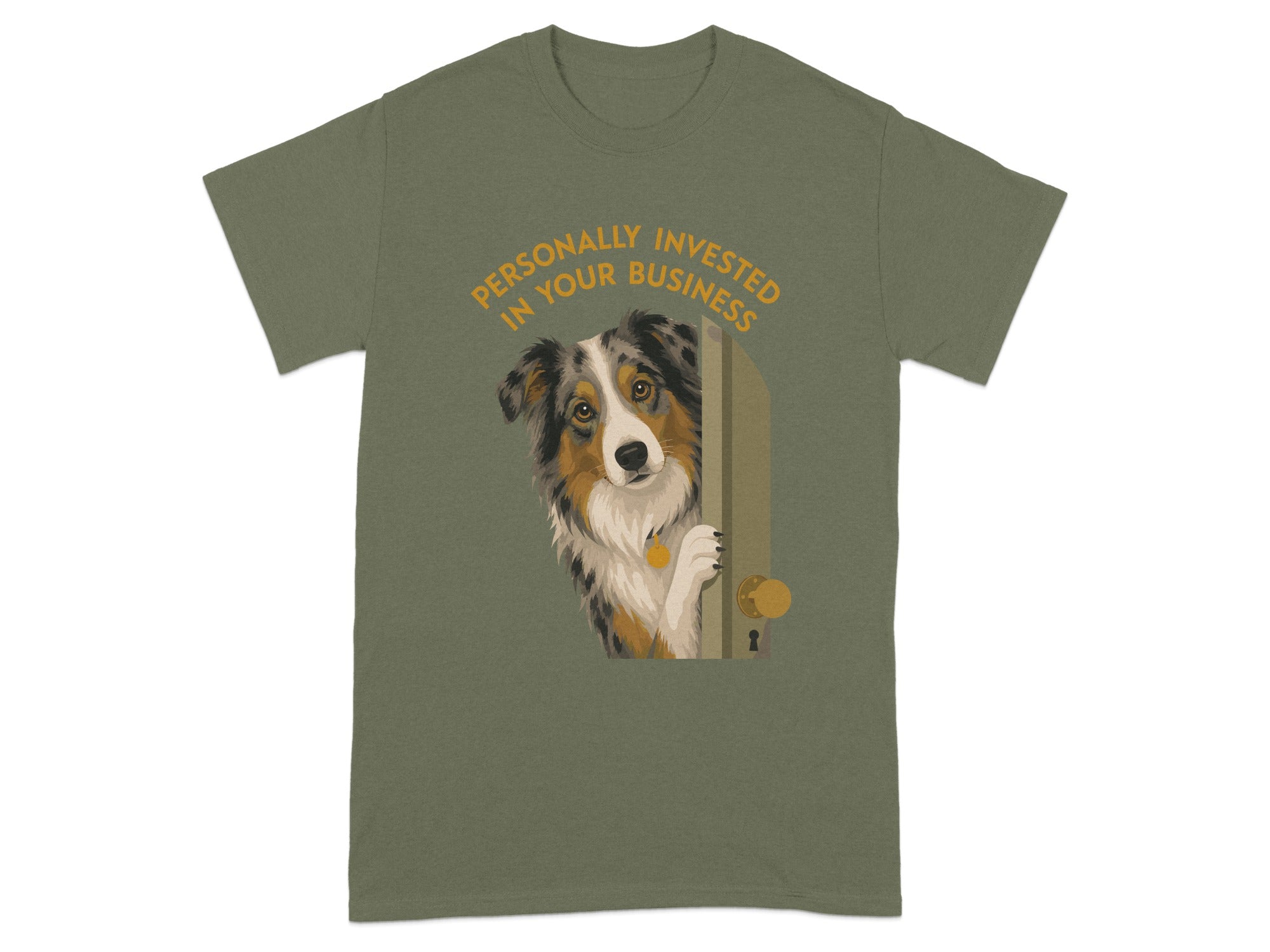 Australian Shepherd peeking through an open door with text "Personally Invested in Your Business".
