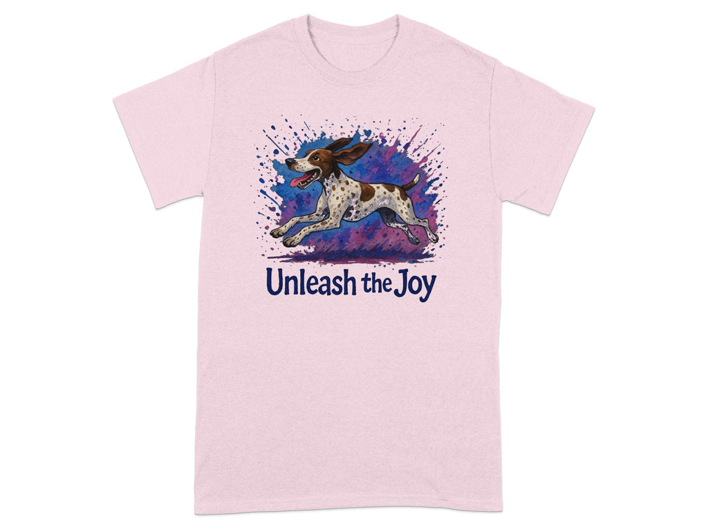 Pink t-shirt with a running dog graphic and "Unleash the Joy" text.