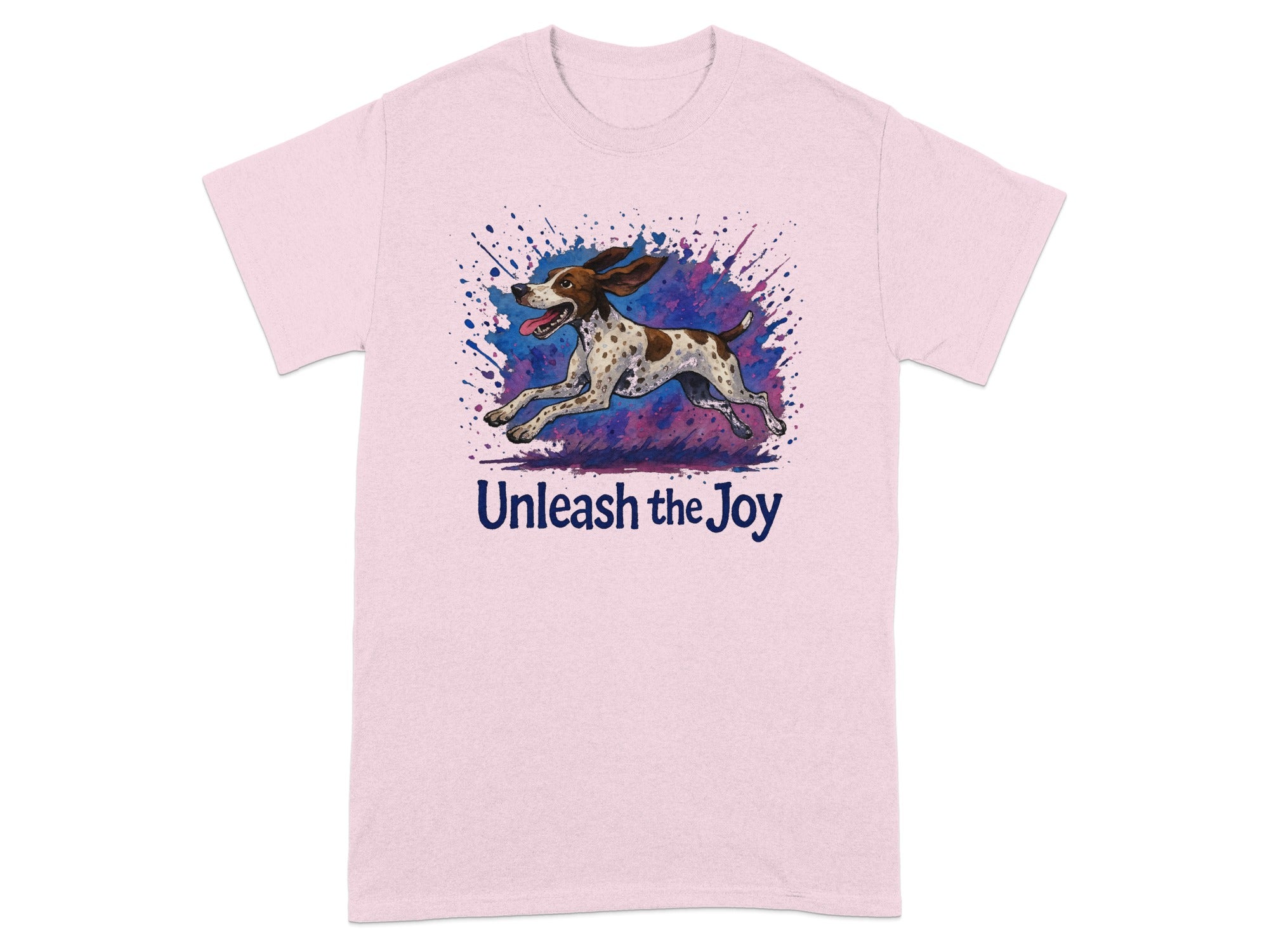 Pink t-shirt with a running dog graphic and "Unleash the Joy" text.